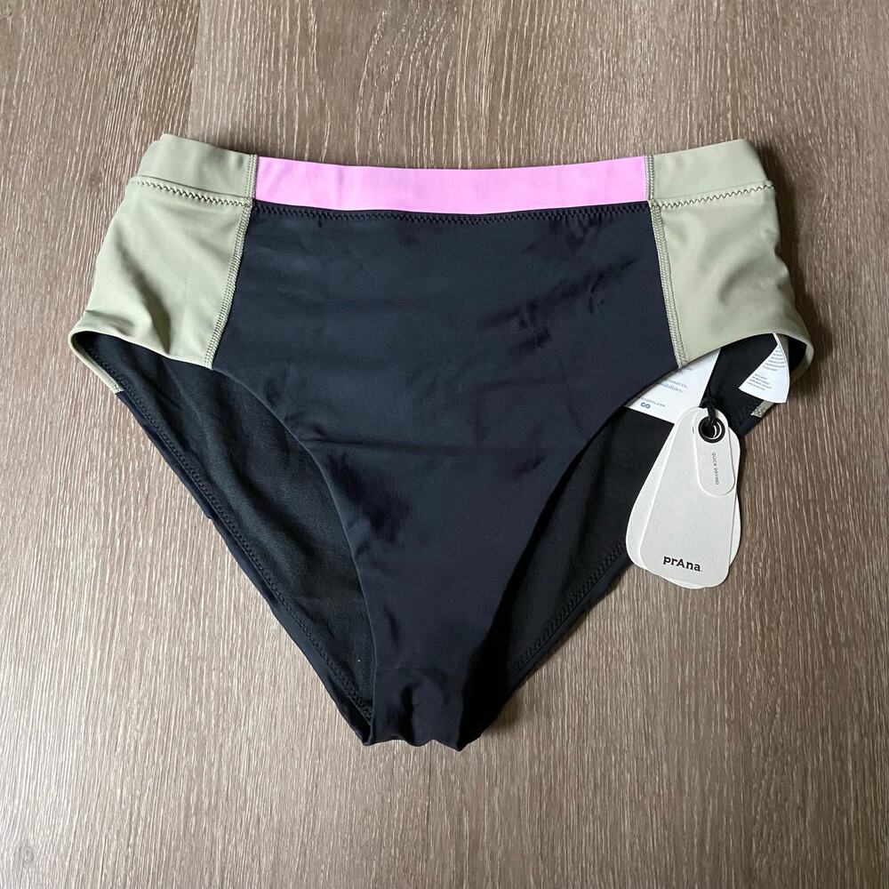 Prana Baja Bound Swim Bottom Women's M Black Colorblock High Waist Bikini Brief - Picture 3 of 9